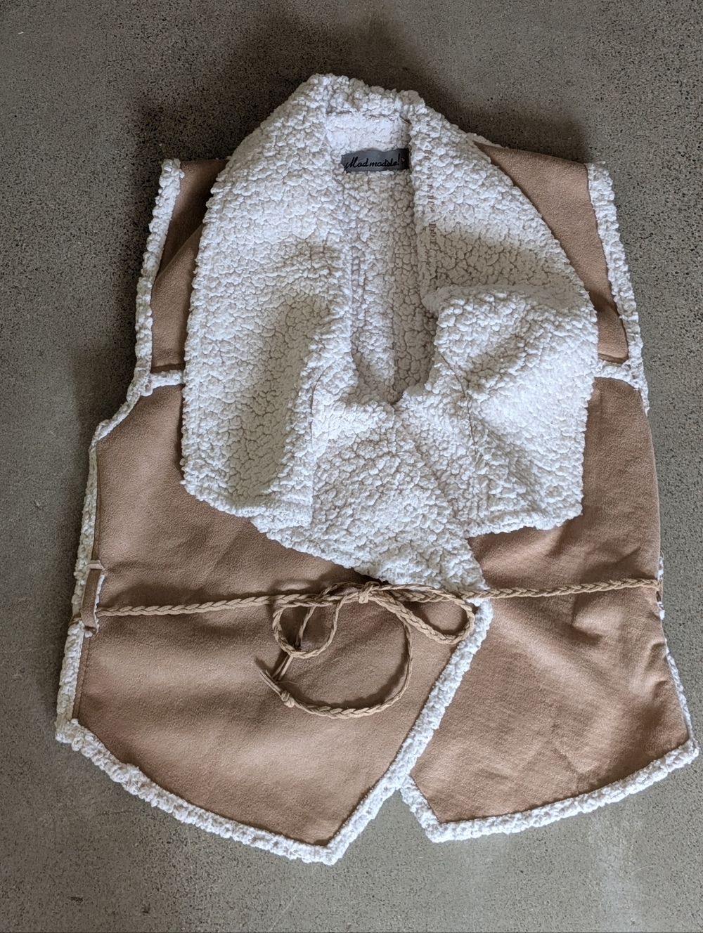 Kids Faux Shearling Vest with Tie Front - Cream & Tan